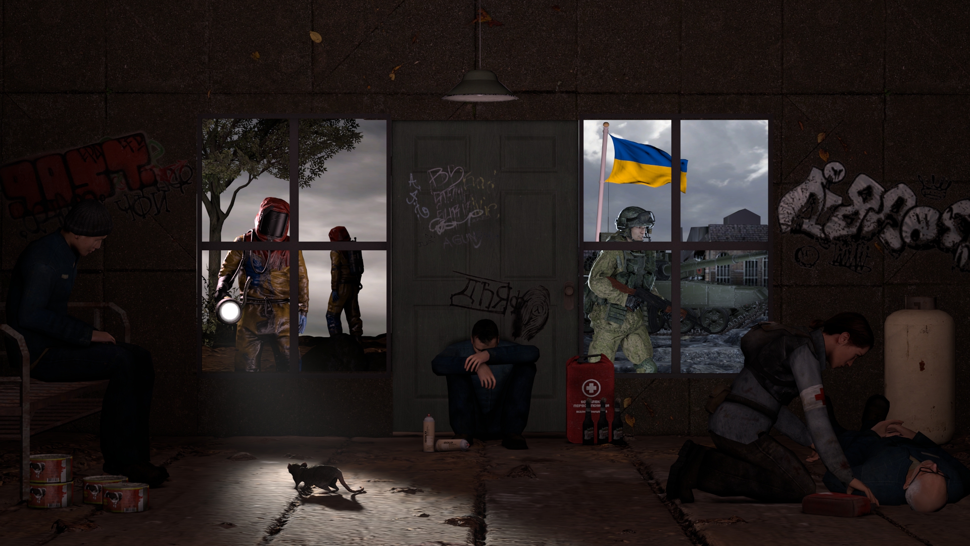 dark image of soldiers hiding in a damaged home, , Ukraine flag flying outside, colored drawing