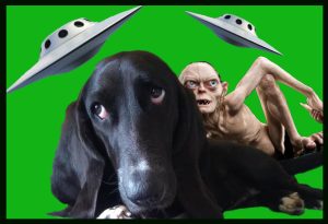 black basset hound on green screen with flying saucers and Golum